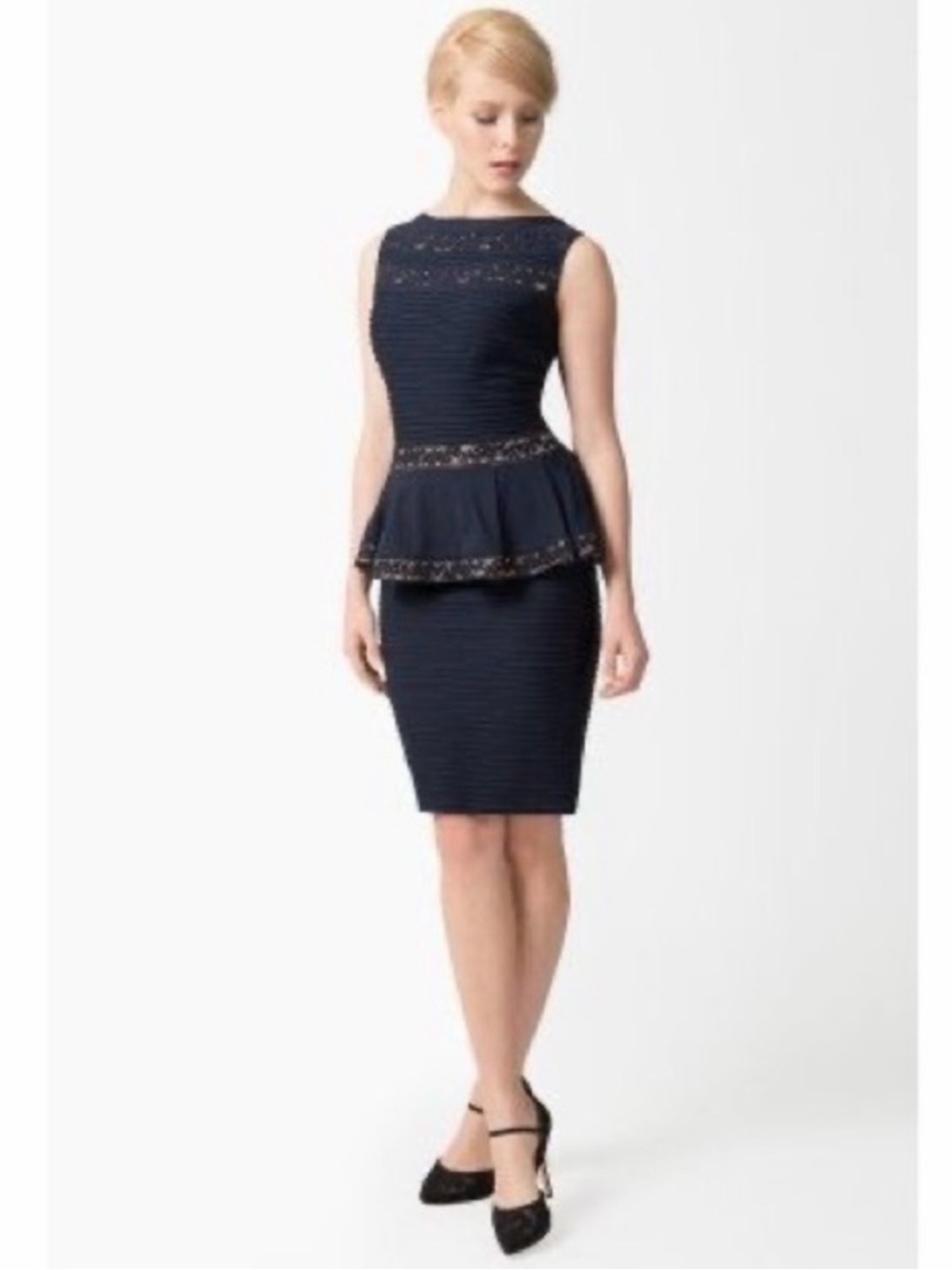 Tadashi Shoji Navy Blue Pintuck Peplum Lace Trim Cocktail Sheath Dress Women PXL